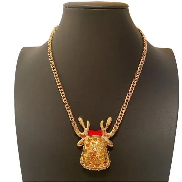 Betsey Johnson Pave Crystal Reindeer Pendant Necklace on Gold Toned Chain.